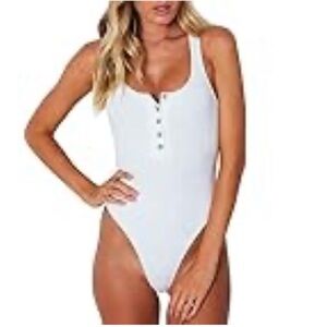 White, T-back, Sleeveless, Henley Style, Bodysuit